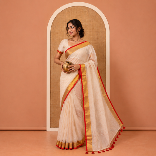 Peach Plain Khadi Mul Cotton Saree, Complemented by a Contrast Zari Bavanji Border, a Self-Pallu, and Has No Blouse