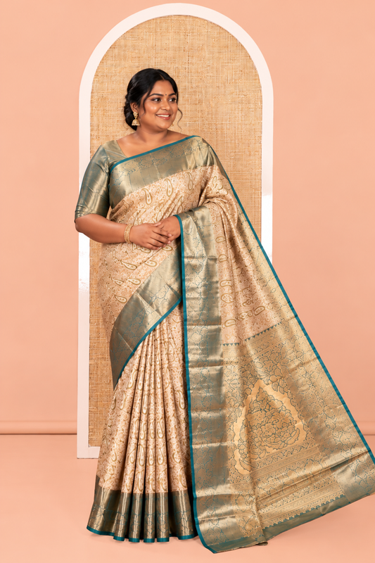 Gold Art Silk Saree, Ornamented with Floral-Paisley Jacquard Design, a Traditional Zari Border, Intricate Pallu, and a Matching Blouse