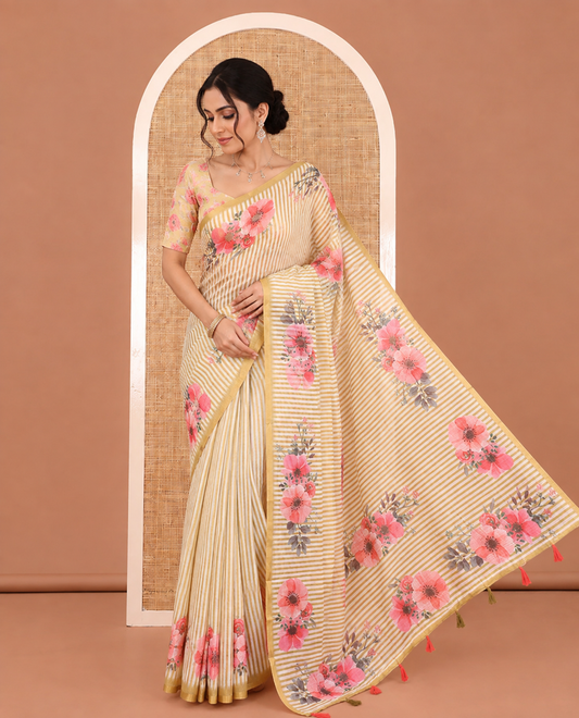 Mustard Linen Cotton Saree Features Stripes, and Floral Print, a Piping Border, Floral Pallu and a Matching Blouse