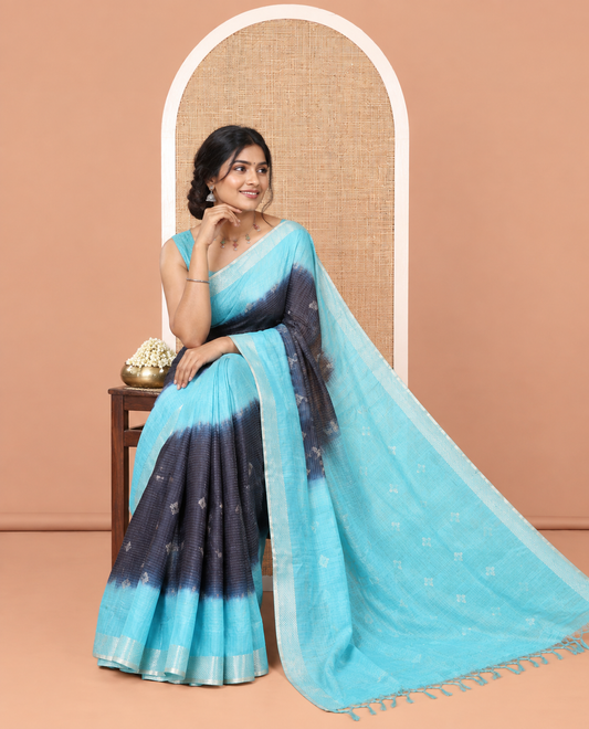Navy Blue Bhagalpur Cotton Saree, Accentuated with Zari Buttas and Horizontal Stripes, a Contrast Traditional Border, and a Contrast Blouse