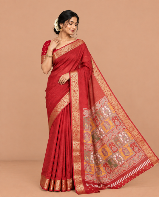 Maroon Embossed Moss Chiffon Saree, a Zari Floral-Paisley Vine Border, Contrast Mughal-Style Pallu, and a Matching Blouse