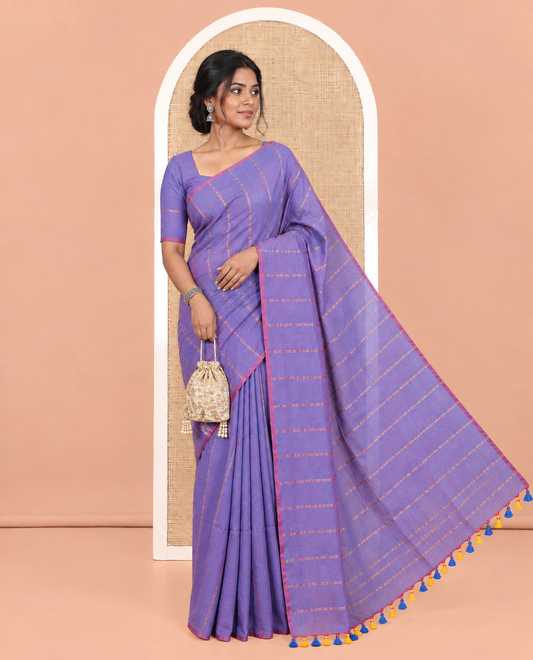 Borderless Blue Khadi Cotton Saree Features Double Stripes, a Self-Pallu of Tassels, and a Matching Blouse