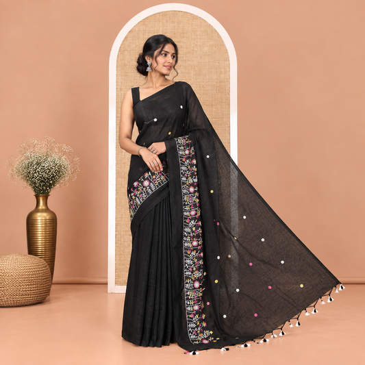 Borderless Black Khadi Cotton Saree, Delicately Woven with Flower Motifs Embroidery All Over Its Body, a Self-Pallu, and Paired with a Matching Blouse