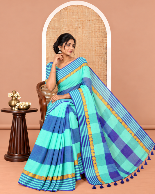 Royal Blue-Green Striped Khadi Cotton Saree, a Paisley Border, Checked Pallu, and No Blouse