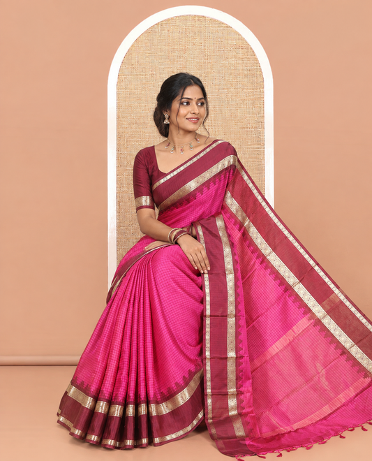 Pink Striped Semi-Katan Silk Saree, a Contrast Traditional Zari Temple Border, Plain Pallu, and a Contrast Blouse