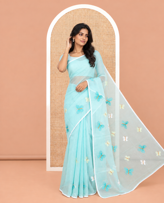 Teal Green Kota Doria Saree, Delicately Woven with Butterfly Buttas, a Lace Border, a Matching Blouse