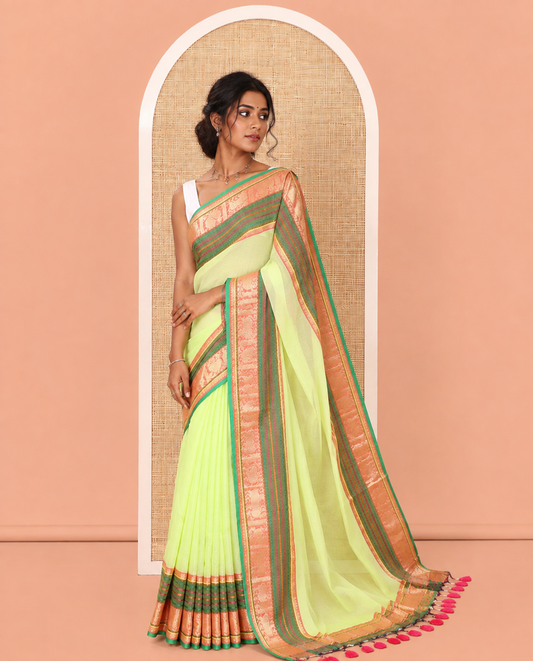 Green Plain Khadi Mul Cotton Saree, Complemented by Contrast Yaali-Peacock Traditional Border, Self-Pallu, and No Blouse