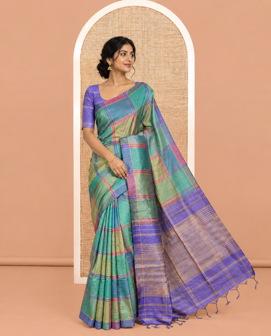 Borderless Green Macro-Checked Katan Silk Saree, a Subtly Striped Pallu, and a Contrast Blouse