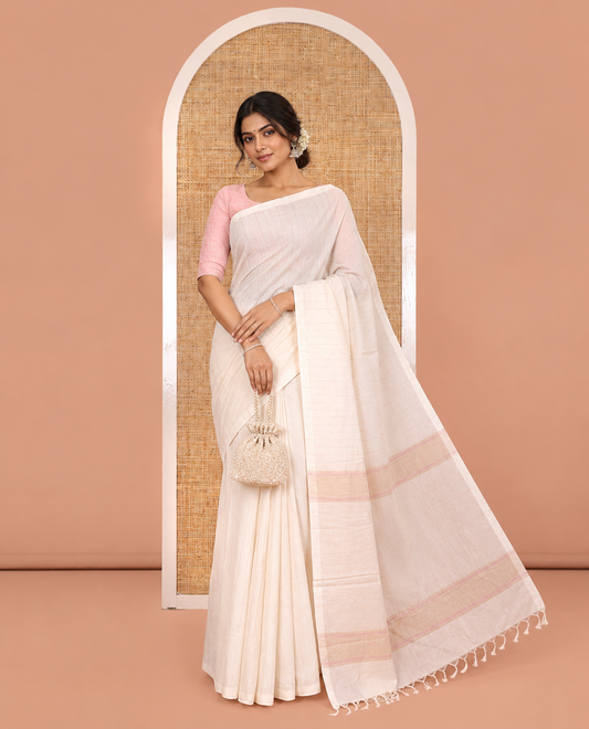 Borderless Off-White Negamam Cotton Saree with Vertical Stripes All Over Its Body, a Self-Pallu, and Paired with a Contrast Blouse