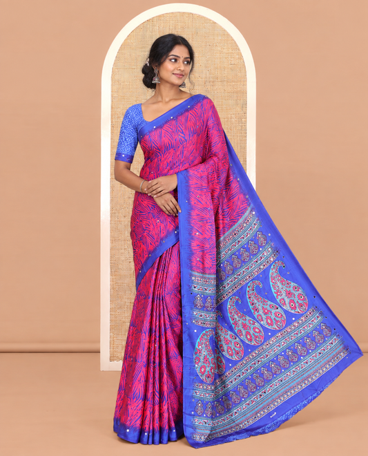 Pink Satin Crepe Saree, Decked Up with Zebra Print and Mirror Work, a Contrast Border, Paisley Printed Pallu, a Contrast Blouse