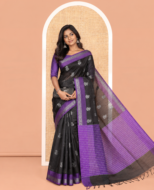 Black Semi-Raw Silk Saree, Sparsely Woven with Zari Buttas, Complemented by Contrast Zari Border, Striped Pallu, and a Contrast Blouse
