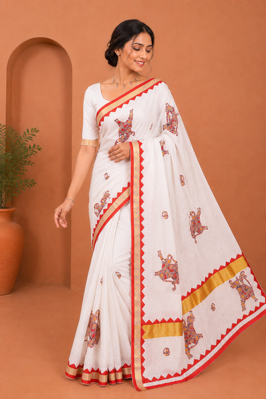 Cream-Red Kerala Cotton Saree, Elevated with Paisley-Horse Patch Applique Embroidery, a Contrast Temple Border, and Matching Blouse