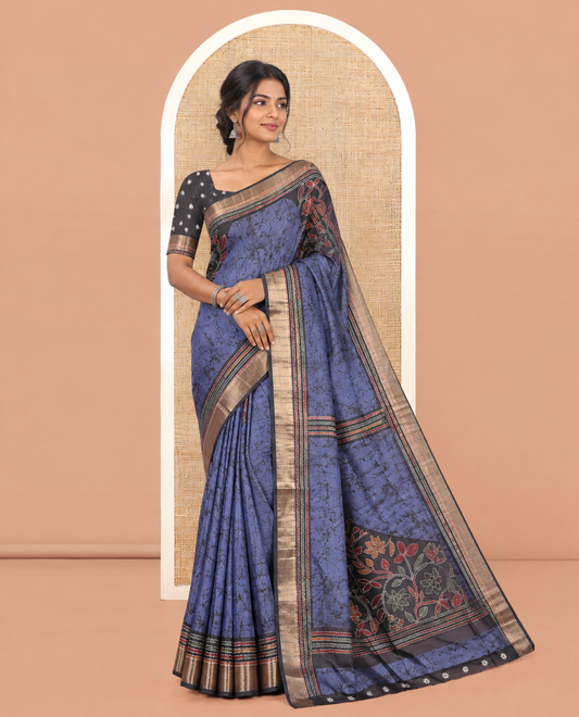 Blue Katan Silk Saree, Detailed with Batik Print, a Contrast Kantha Work Border, Pallu of Floral Print and Kantha Work, and a Contrast Blouse