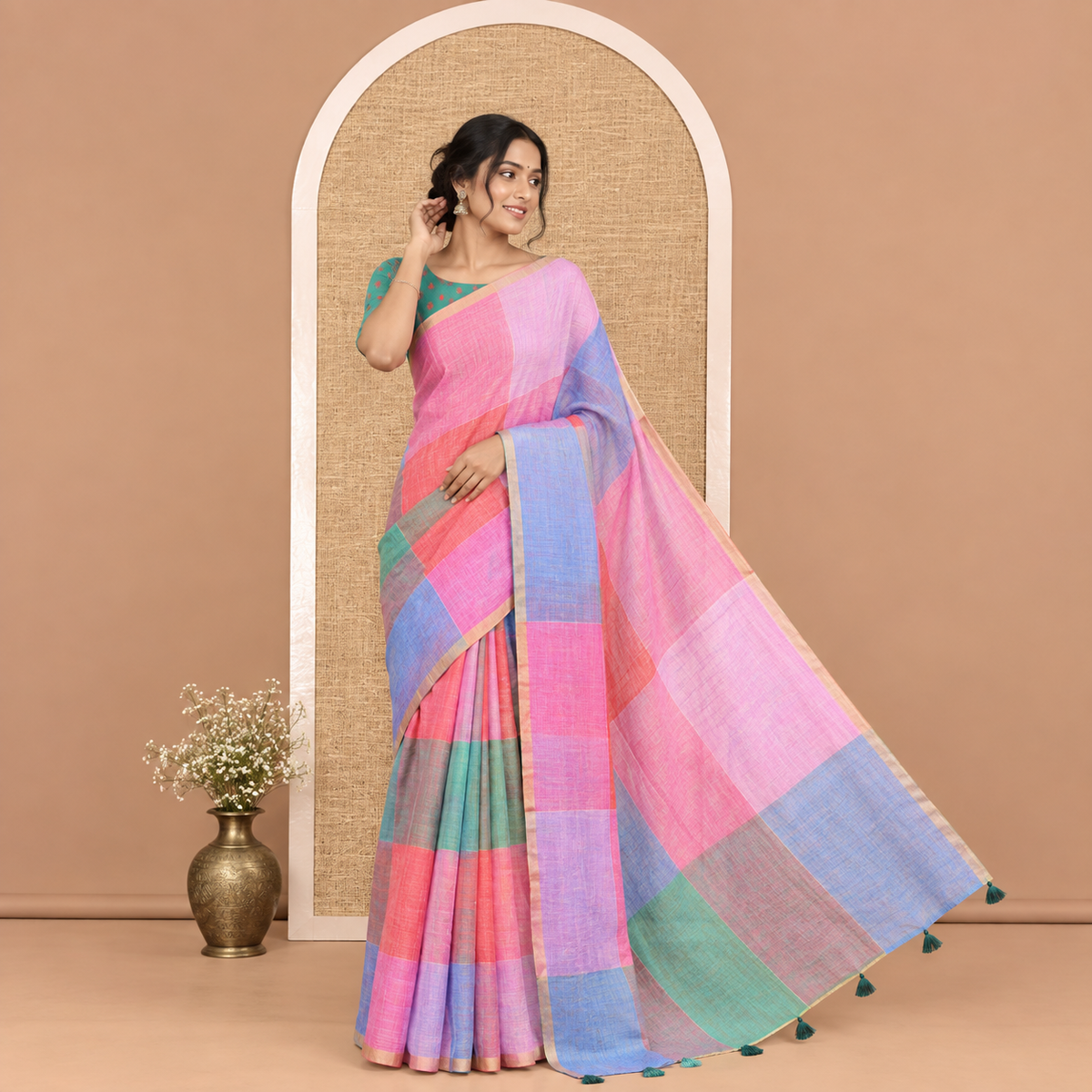 Borderless Pink Linen Cotton Saree, Macro-Checked Design on Its Body, a Self-Pallu, and Contrast-Printed Blouse