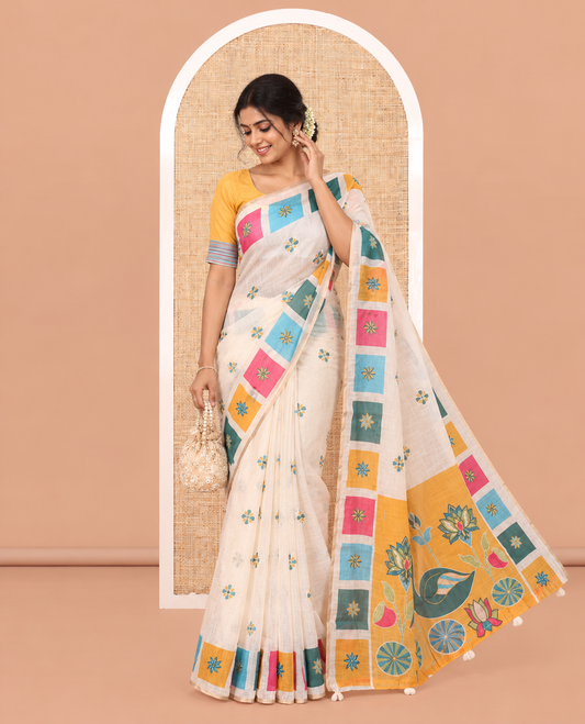 Cream-Yellow Linen Cotton Saree