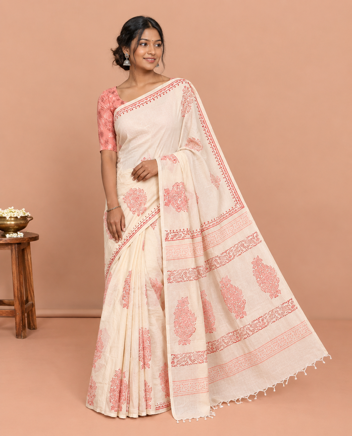 Borderless Cream South Cotton Saree, Floral Buttas Block Print Features a Matching Blouse and a Contrast Blouse