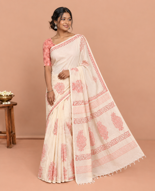 Borderless Cream South Cotton Saree, Floral Buttas Block Print Features a Matching Blouse and a Contrast Blouse