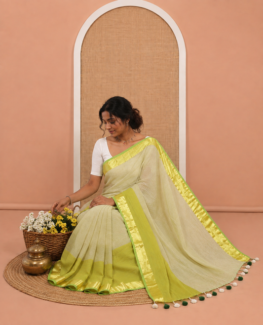 Pista Green-Mehenti Half-And-Half Plain Khadi Mul Cotton Saree, with a Zari Border, and No Blouse