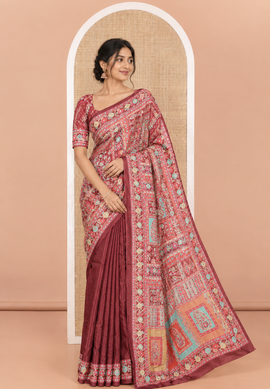 Maroon Masakali Saree Featuring Floral and Geometric Motifs Print and Mirror Work, Kaleidoscopic-Colored Printed Border, Pallu Decked Up with Colorful Intricate Patterns Print, and a Matching Printed Blouse