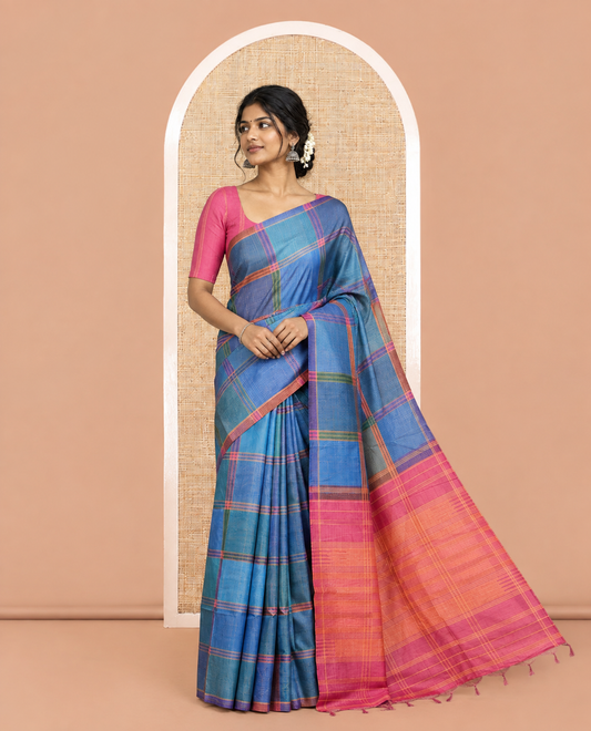 Borderless Blue Macro-Checked Katan Silk Saree, a Subtly Striped Pallu, and a Contrast Blouse