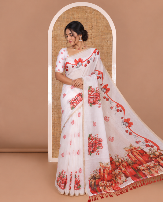 White Christmas ornaments digital printed Chanderi saree, piping border, Chirstmas theme printed pallu, and Christmas ornaments printed blouse