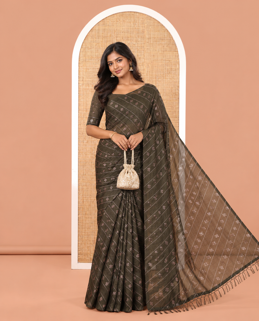 Borderless Olive Vichitra Silk Saree, Gleamed Up with Floral Buttas and Leheriya-Style Foil Print on Its Body, a Self-Pallu, and Has No Blouse