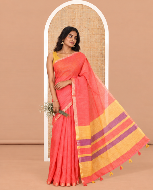 Tomato Pink Plain Linen Cotton Saree, a Piping Border, Contrast Striped Pallu, and Contrast Blouse