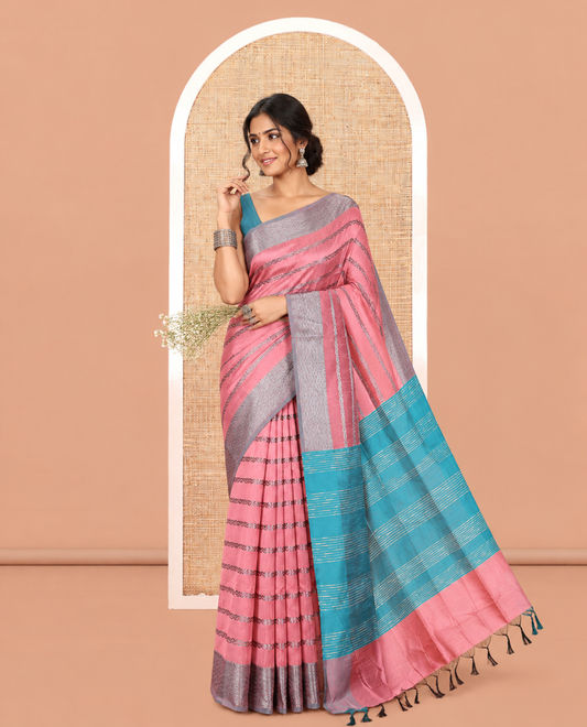 Dusky Pink Zari-Striped Semi-Raw Silk Saree with a Contrast Zari Border, Intricate Pallu, and Contrast Blouse