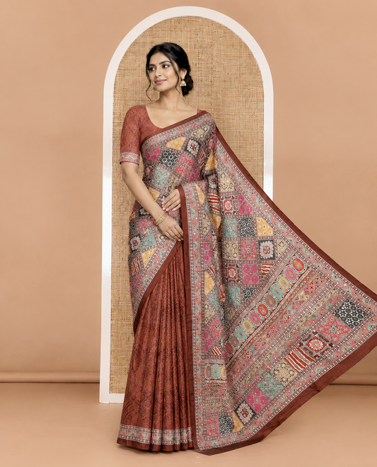 Brown colorful patterns printed and mirror work masakali saree, printed border, printed pallu, and a matching blouse