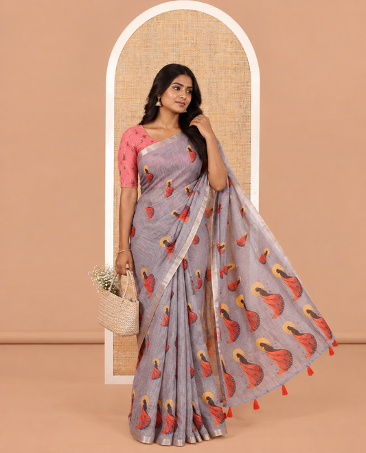 Light Brown Linen Cotton Saree, Adorned with Butterfly Woman Print, a Piping Border, a Contrast Blouse