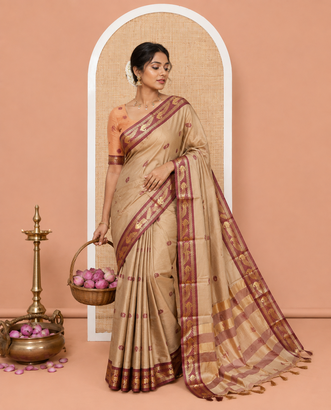 Chikku Peacock Buttas Semi-Soft Silk Saree, Contrast Peacock Border, Buttas Pallu, Matching Blouse