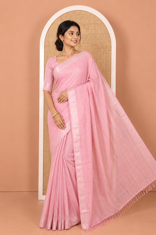 Onion Pink Linen Zari Cotton Saree, Gleamed Up with Zari Stripes All Over Its Body, a Subtle Zari Border, a Self-Pallu, and Comes Without a Blouse