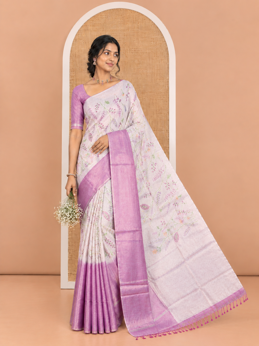 Borderless Gold-Violet Tissue Saree, Adorned with Half-And-Half Plain and Floral Print, and a Contrast Blouse