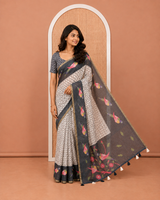 White-Onion Pink Linen Cotton Saree Features Horizontal Stripes on Its Body, Complemented by a Contrast Zari Border, Multi-Color Striped Pallu, and Paired with a Contrast Blouse