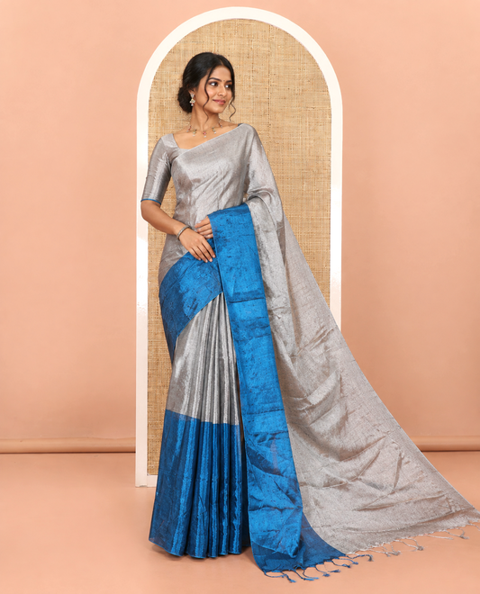 Silver and blue half-and-half plain khadi tissue saree with a self-pallu and a matching blouse