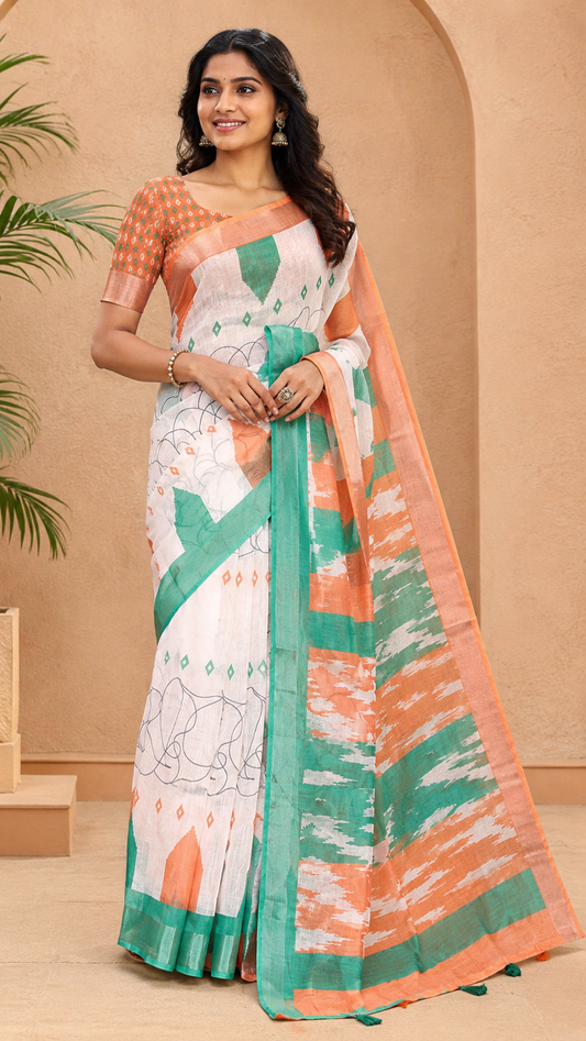 White Indian-National Flag-Themed Linen Cotton Saree, a Contrast Ganga-Jamuna Border, and Contrast Blouse