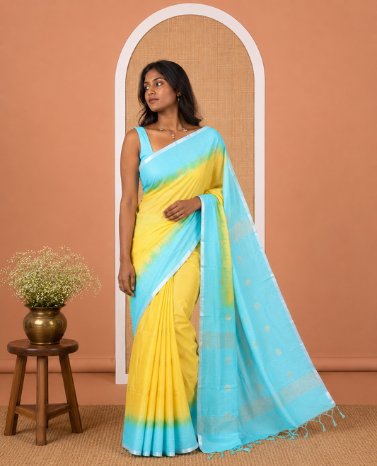 Yellow Bhagalpur Cotton Saree, Subtly Sparkled with Buttas, a Contrast Butta Border, and a Contrast Blouse