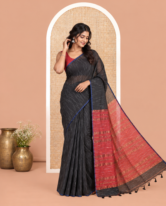 Borderless Black Khadi Cotton Saree