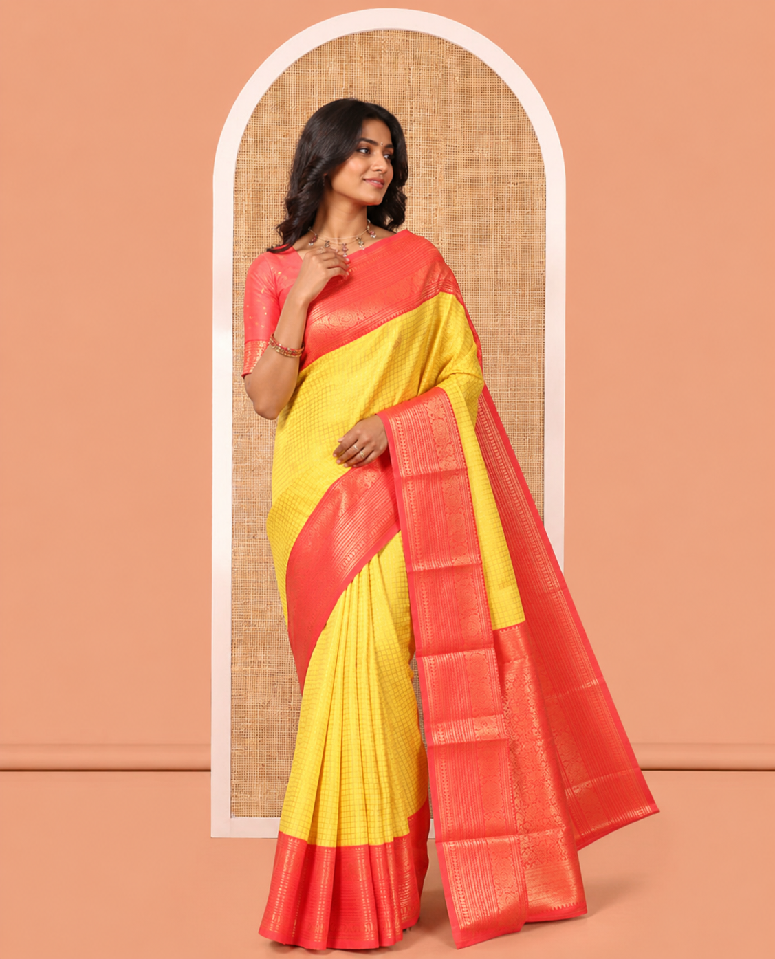 Yellow Litchi Saree with Zari Buttas and Zari Checks, Contrast Traditional Zari Border, Intricate Pallu, a Contrast Blouse