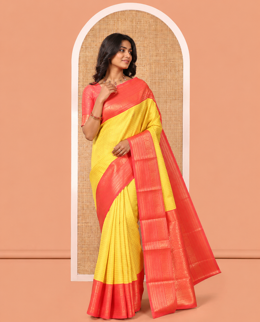 Yellow Litchi Saree with Zari Buttas and Zari Checks, Contrast Traditional Zari Border, Intricate Pallu, a Contrast Blouse