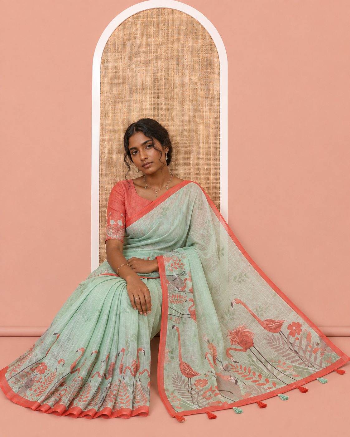 Green Linen Cotton Saree, Prettified with Floral Crane Motifs Print, a Contrast Border, and a Contrast Blouse