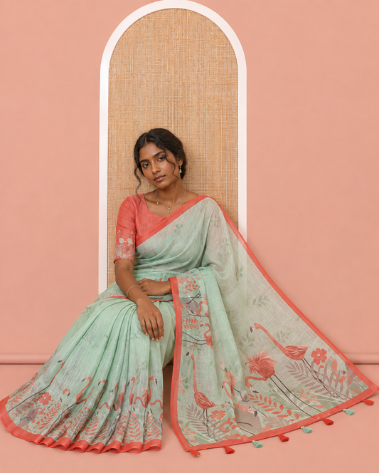 Green Linen Cotton Saree, Prettified with Floral Crane Motifs Print, a Contrast Border, and a Contrast Blouse