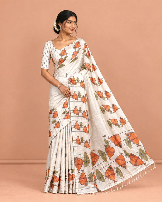 Gold Tissue Saree, Adorned with Fish Print, and a Matching Blouse