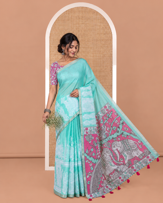 Sea Green Linen Cotton Saree Features Kalamkari Human Figurines, a Piping Border, Kalamkari Pallu, Contrast Blouse