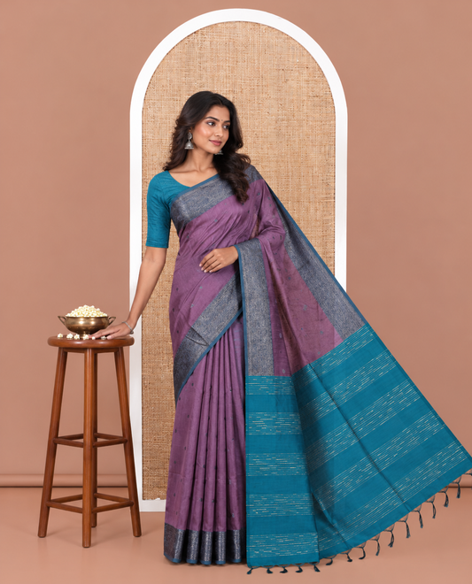 Dusky Pink Semi-Raw Silk Saree Features Thread Buttas, Contrast Intricate Border, Striped Pallu, and a Contrast Blouse
