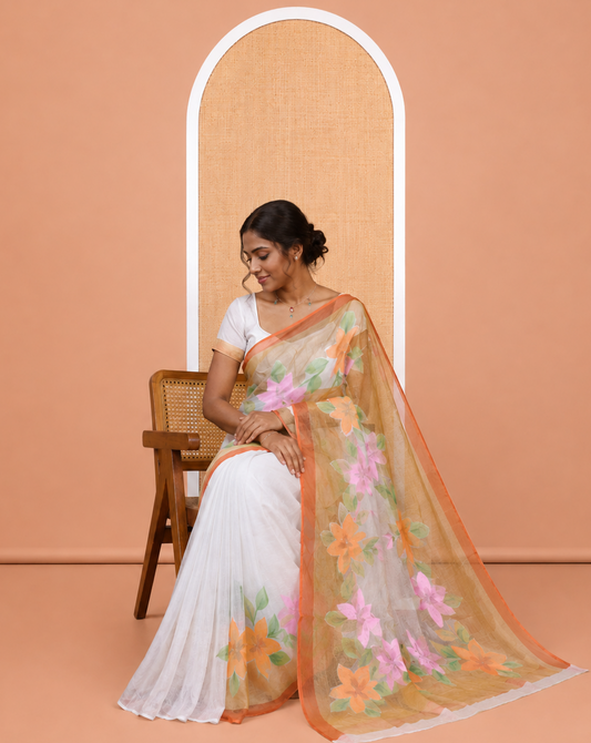 White Kota Doria Saree, Adorned with 6-Petal Floral Print, a Contrast Border, and a Matching Blouse