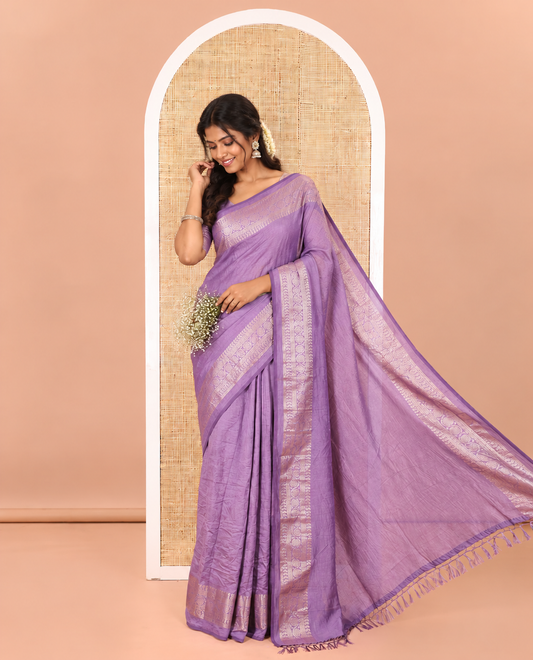 Lavender Plain Vichitra Silk Saree Subtly Sparked with Self-Border Featuring Traditional Designs, Plain Pallu, and Comes Without Blouse