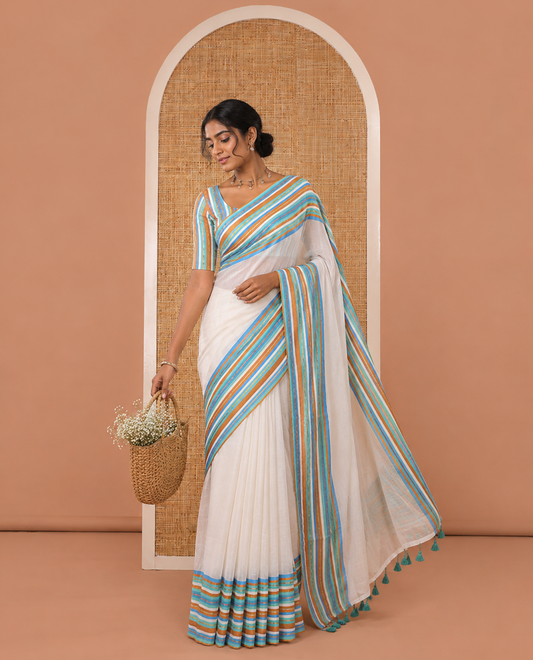 Cream Khadi Mul Cotton Saree, Complemented by a Contrast Multi-Colored Horizontal Zari Striped Border, a Plain Pallu, and No Blouse