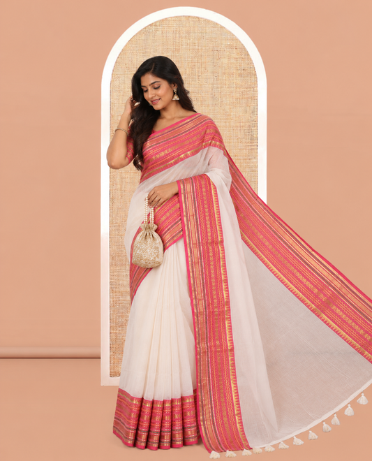 Cream-Rani Pink Plain Khadi Mul Cotton Saree