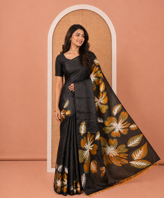 Borderless Black and Yellow Khadi Cotton Saree, Colorful Decked Up with Flower Motifs Print on Body and Pallu, and Paired with a Plain Blouse
